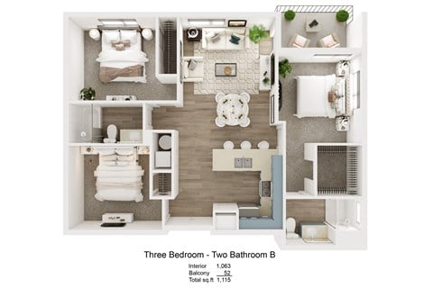Floor plan for 3 beds, 2 baths, 1194 sqft